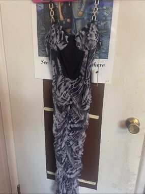 Cache One-Shoulder Black and Gray Ruched Maxi Dress
